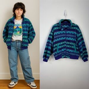 Vtg IZZI 1985 Aztec Fleece‎ Jacket Full Zip Grunge Gorpcore Artsy Streetwear XL